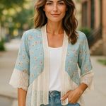 BCBGeneration  Women's Blue Lacey Floral Boho Shawl Cape Bohemian Kimono Wrap Photo 0