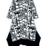 Sun Kim Midi Dress Size Medium Geometric Travel Artsy Lagenlook Hankerchief Hem Black Photo 1