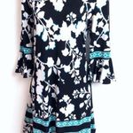 BCBGMAXAZRIA floral bell sleeve scoop neck black white ruffle shift dress Photo 1