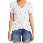 No Boundaries NWT Tee mushrooms t-shirt women’s v neck xsmall short sleeve front knot white Photo 4