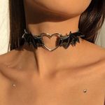 Goth Black Faux Leather Silver Heart Choker Photo 1