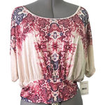 Free People Tea Combo Pink and Red Ruched 3/4 Sleeve boho top size med NWT Photo 0