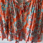 Crown & Ivy  L Orange Blue Floral Top Ruffle Bell Sleeve Scoop Neck Tie Boho Photo 3