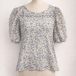 Floral Puff Sleeve Blouse Women’s Small Medium Blue Yellow Textured Top White Photo 0