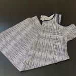 Elle  Women's Shift Dress Cold Shoulder Short Sleeve Striped Midi Large Navy Blue Photo 9