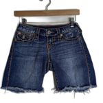 True Religion  Shorts Womens 24 Blue Denim Raw Hem Distressed Cutoff Mid Rise y2k Photo 0