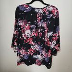 Rose + Olive Blouse Floral Print Pink Purple White Keyhole Business Casual Photo 5