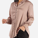 The Workshop Satin Pinstripe Oversized Button Up Shirt Mocha Medium Boyfriend Tan Photo 0
