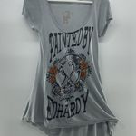 Ed Hardy  XS Christian Audugigier T-Shirt Asymmetrical Short Sleeve Gray Floral Photo 1