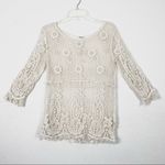 Offwhite Floral Crochet Lace 3/4 Sleeve Top with Fringe White Photo 2