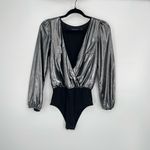 French Connection  Womens Silver Black Metallic Waterfall‎ V-Neck Bodysuit US 2 Photo 1