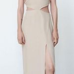 ZARA CUT OUT V-neck Dress w/ Thin Straps Side Slits at Hem Beige SIZE S NEW Photo 0