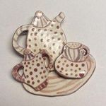 Hand Made Hand Crafted Ceramic Brooch Pin Pink Tea Set Hand Painted Photo 0