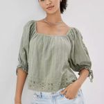 American Eagle Olive Green Eyelet Half Sleeve Wide Neck Puff-Sleeve Blouse XL Photo 0