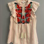 THML  Embroidered Floral Boho Ruffle Striped Pink & Cream Top w Fringe Ties Photo 5