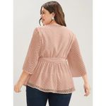 Bloomchic  Geometric Mesh Surplice Neck Belted Ruffles Blouse Sheer Pink 12 Photo 2