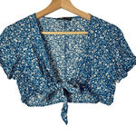 SheIn Blue & White Floral Tie Front Crop Short Sleeve Top S Photo 0