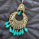 Indian Pakistani Gold and Green/blue Chandelier Earrings jewelry set Photo 2