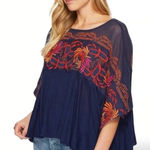 Free People  Embroidered Floral Mesh Navy Blue Boho Oversized Top Kimono Sleeve‎ Photo 0