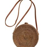 None Round Woven Rattan Tan Crossbody Bag Snap Closure Lined Photo 0