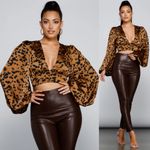 Windsor Chic Look Leopard Print Satin Puff Sleeve Crop Top Photo 2