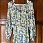 Skemo Blue Yellow Long Dress Beaded V Neck Ruffle Hem Size Small Maxi Tiered Photo 1