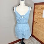 As You Wish As U Wish Chambray Denim Cotton Tie Front Romper in Sky Blue Small Photo 2
