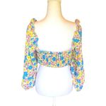 Fiestar Smocked Crop Top Front Lace Up Puff Sleeves Floral Womens Size Large NWT Blue Photo 5