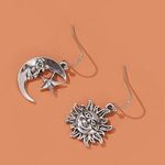 Silver Sun Man in the Moon Earrings, Mismatch Asymmetrical Dangle, Vintage Style Photo 1