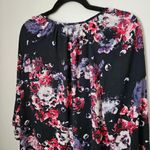 Rose + Olive Blouse Floral Print Pink Purple White Keyhole Business Casual Photo 6