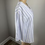 cupio   Women's Medium Blue Striped V Neck Button Up Front Pocket Linen Blend Top Photo 4