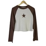 YITEMEI Star Raglan Long Sleeve Crop Top Womens XL Brown Cream Western Y2K Photo 1
