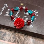 Red Rose Statement Beaded Bracelet – Boho Indie Cottagecore Blue Glass Beads Photo 3