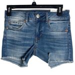 American Eagle  Midi Super Stretch Denim low rise Jean Shorts fringe hem size 0 Photo 0