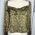 Lush Clothing Lush Feel So Lucky Satin Long Sleeve Romantic Blouse Size S Green Pink Photo 0