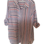 Intro. Linen blend button down blouse XL striped lagen look button sleeve Pink Photo 0