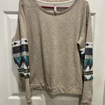 Entro Sequin Sleeve Sweater Sz Large Beige w/ Blue and Teal Sequin Sleeves Gray Photo 0
