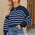 Free People  Easy Street Crop Navy Stripped Sweater XS Coastal Mock Neck Pullover Photo 0