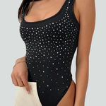 NWT Y2K Rhinestone Square Neck Sleeveless Bodysuit Sz XS Black Photo 0