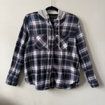 Polly & Esther Plaid Hooded Flannel Shirt in Blue and Gray Size L Juniors Photo 2