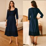 Poetry  embroidered navy blue black linen midi dress lagenlook art to wear size 2 Photo 1