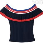 Bershka  | Off Shoulder Flutter Top XS Navy Blue Red Ribbed Shirt Photo 1