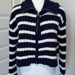 Pink Rose Navy and White Striped Zip-Up Sweater Photo 0