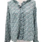 Cotelac Ruffle Top Blouse Button Up Geometric Print Art Deco Green Blue 1 Medium Photo 0