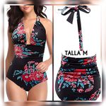 Black Floral Swimsuit Tummy Control Deep Plunge Backless Halter SMALL NWT #6284 Red Photo 1