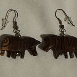 Vintage Zebra Dangle Earrings Hand Carved Painted Wooden African Handmade Brown Photo 1