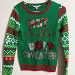 No Boundaries  Festive Green Sweater with Red and White Patterns Photo 1