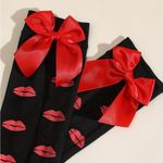 Lips Kiss Mesh Thigh High Stockings Bow Decor Valentines Day Over The Knee Socks Photo 7