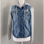 Forever 21 Life In Progress Mixed Media Gray Hooded Denim Jean Jacket XS Photo 1