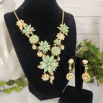 Statement Green and Gold Floral Necklace and Earrings Set Photo 0